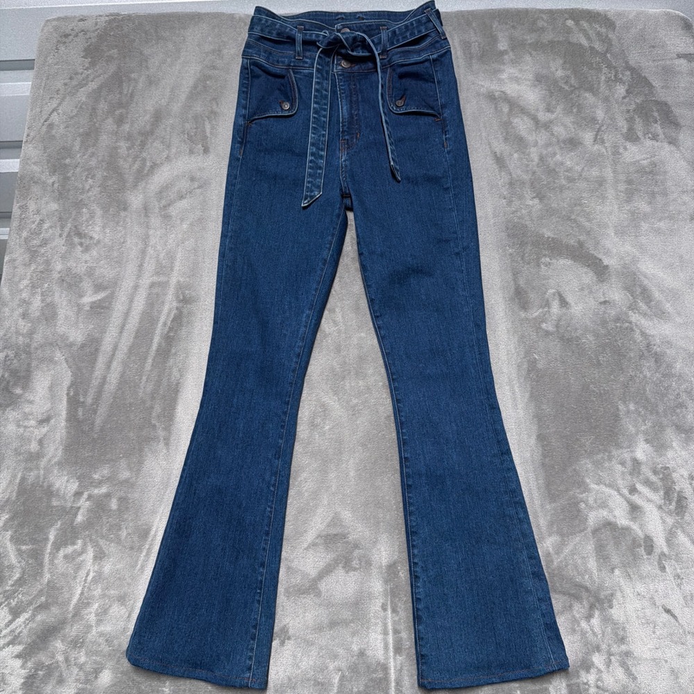 Veronica Beard Giselle Flare Jeans Womens 28/6 Blue Extra High Rise Tie Waist